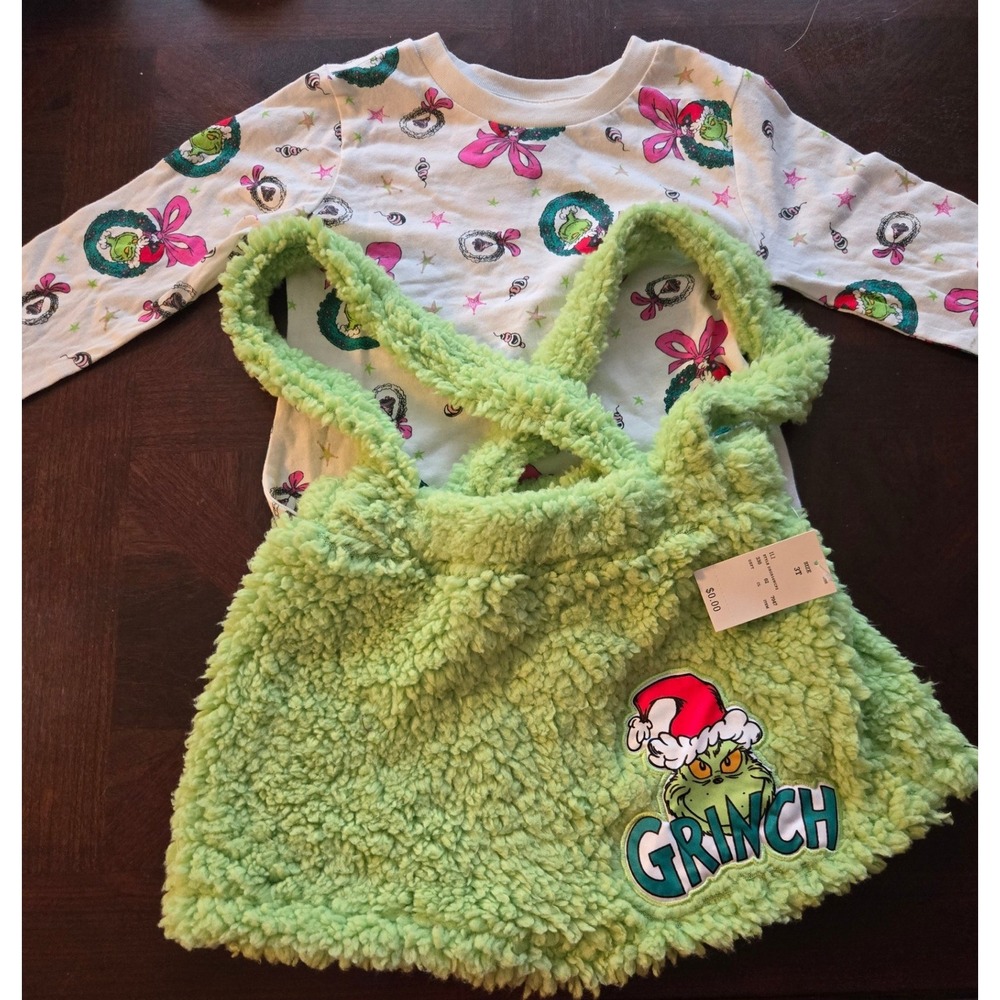 Dr Seuss The Grinch Couture Girls 2 Piece Faux Fur Overall Skirt & Tee Set 3T
